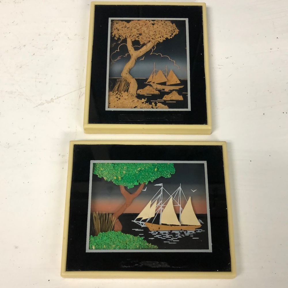 Lot of 2 vtg Cork Picture Nautical Sailing Boat Art Box Island Picture‎ Diorama